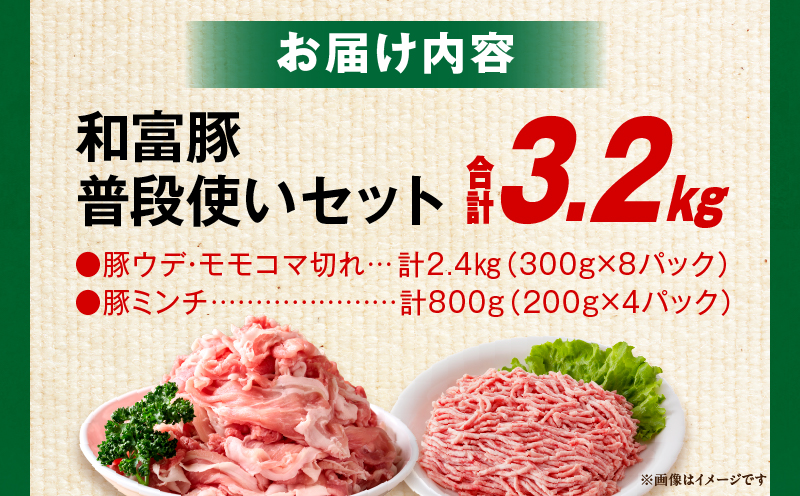 和富豚 普段使いセット 3.2kg お肉 肉 豚肉 ウデ モモ こま切れ ミンチ ブランド豚 スライス 切り落とし 普段使い 使い勝手 料理 ストック 冷凍